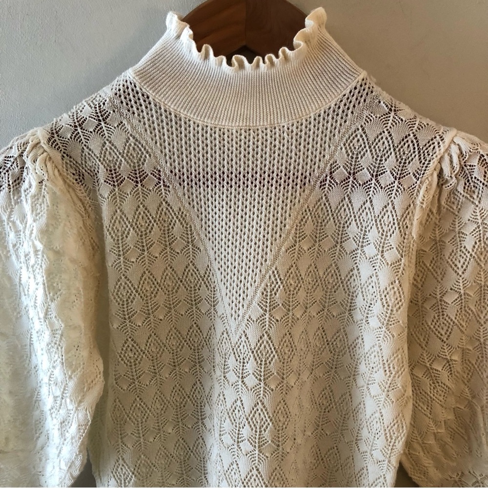 Zara Cream Lace-Knit Ruffled Turtleneck Sweater - Picture 2 of 9